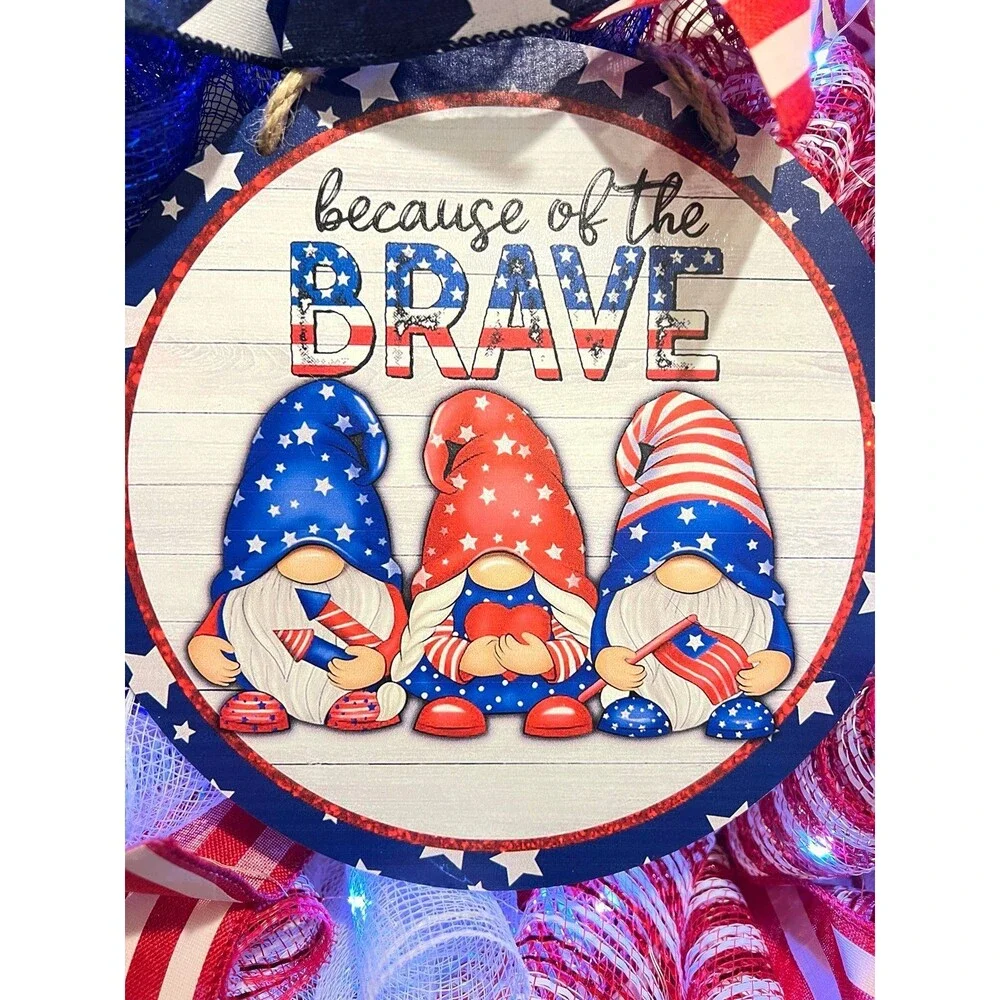 4th of July Handmade 22 in Wreath Patriotic Gnome LED Lighted #W5